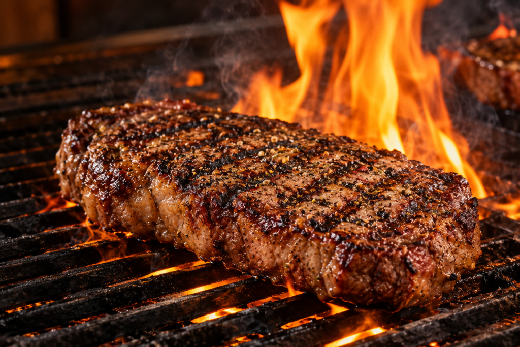 Steak grilling over high heat for a LongHorn-style grilled crust